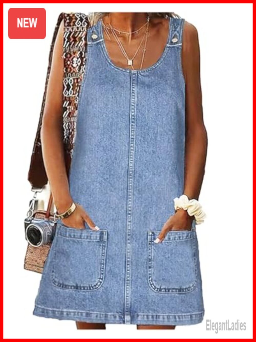 Women's Distressed Denim Mini Dress Sleeveless Loose Fit with Pockets